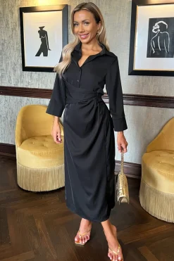 3/4 Sleeve Gathered Waist Midi Dress