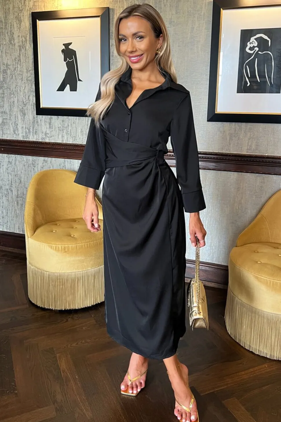 3/4 Sleeve Gathered Waist Midi Dress