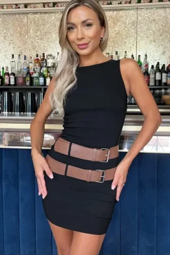 Sleeveless Double Belt Detail Bodycon Mini Dress