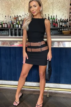 Sleeveless Double Belt Detail Bodycon Mini Dress
