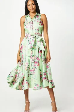 Sleeveless Glossy Organza Shirt Dress In Print