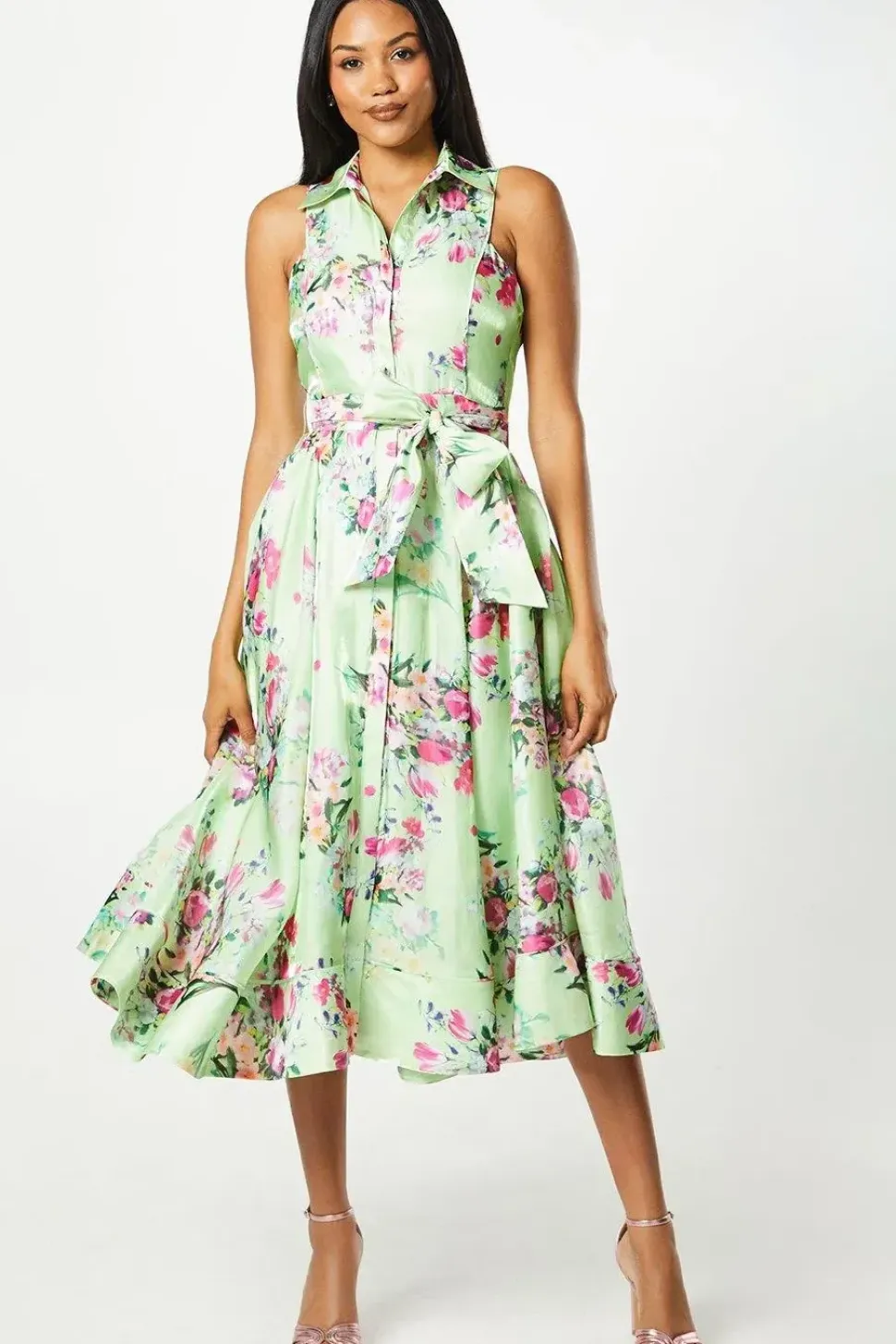 Sleeveless Glossy Organza Shirt Dress In Print