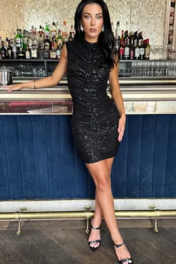 Sleeveless High Neck Sequin Ruched Bodycon Mini Dress