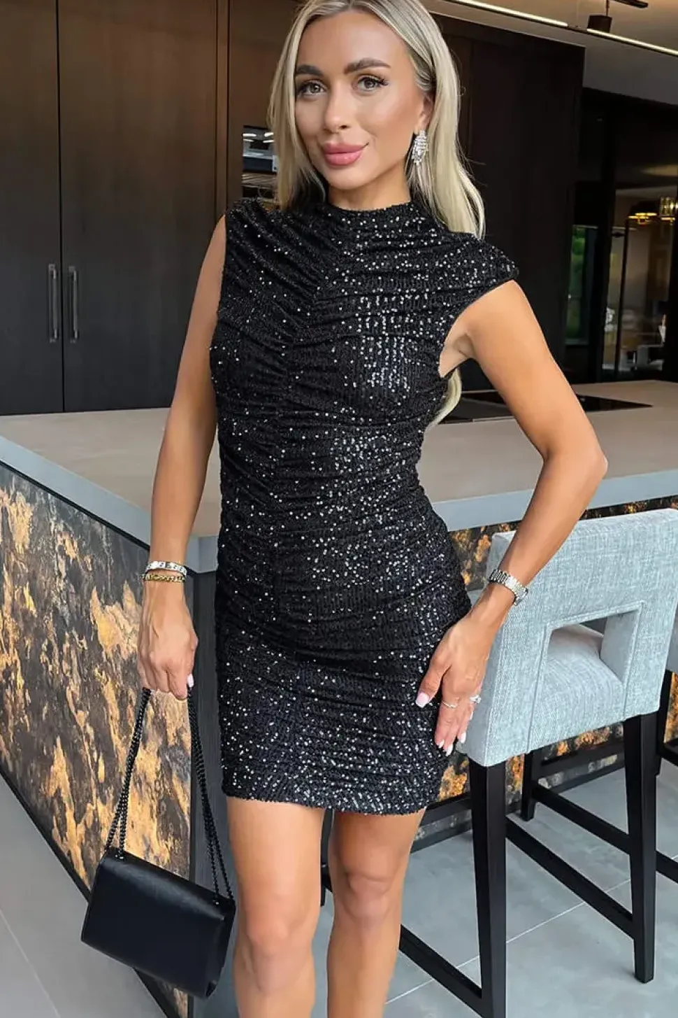 Sleeveless High Neck Sequin Ruched Bodycon Mini Dress