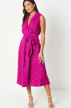 Sleeveless Lace Shirt Tie Waist Midi Dress