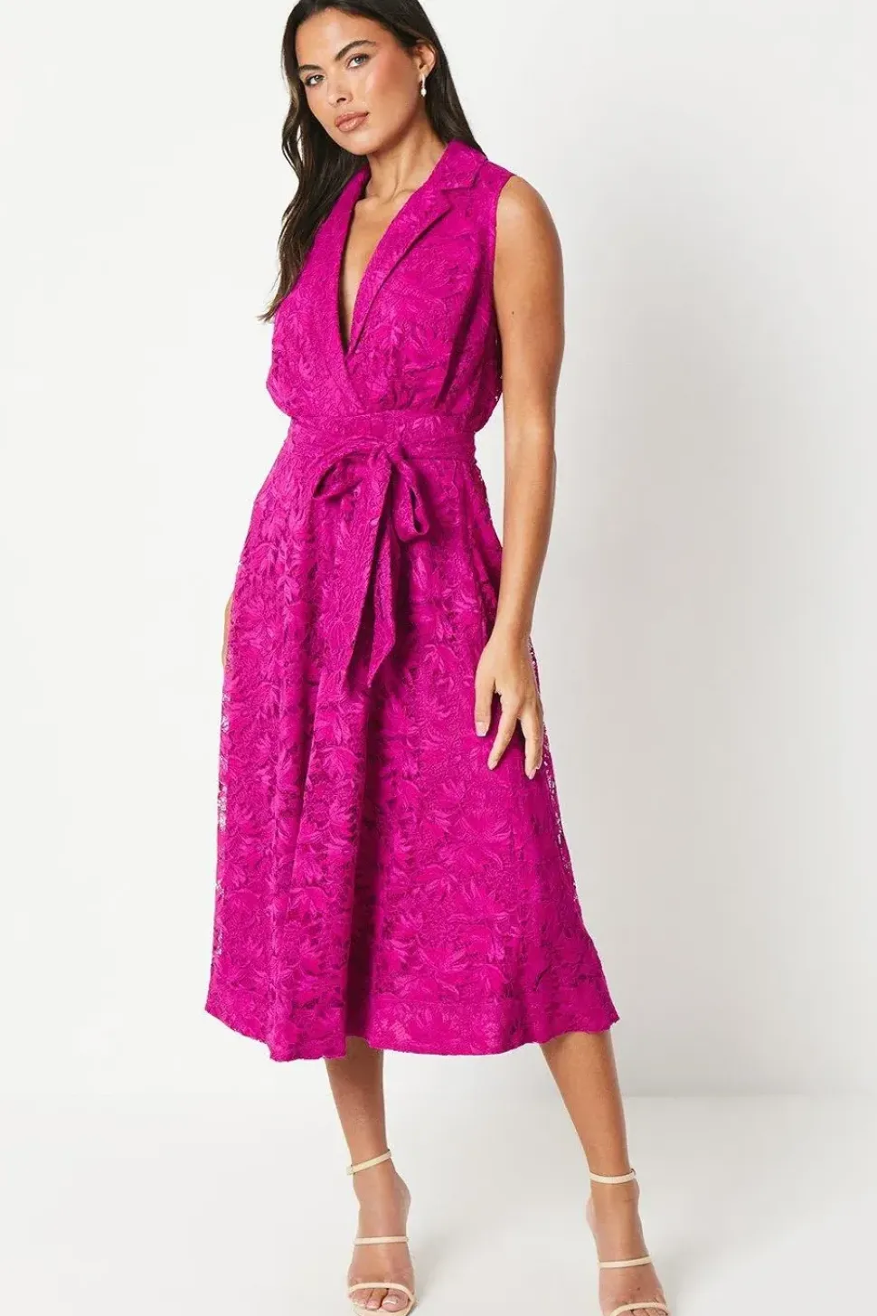 Sleeveless Lace Shirt Tie Waist Midi Dress