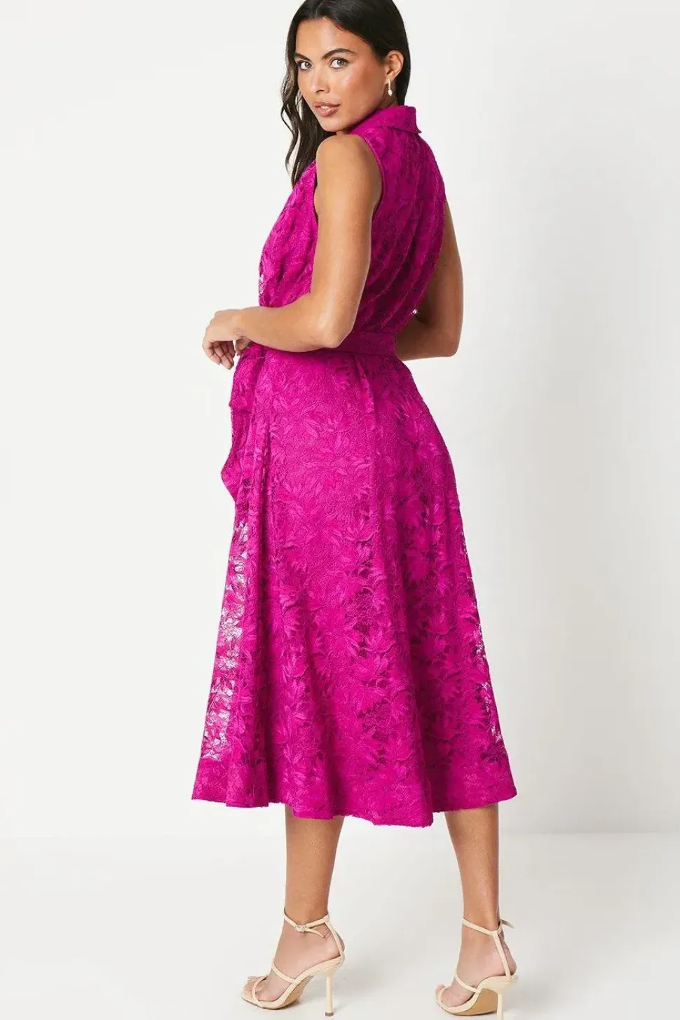 Sleeveless Lace Shirt Tie Waist Midi Dress