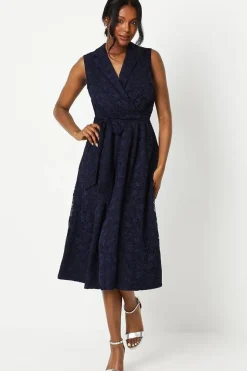 Sleeveless Lace Shirt Tie Waist Midi Dress