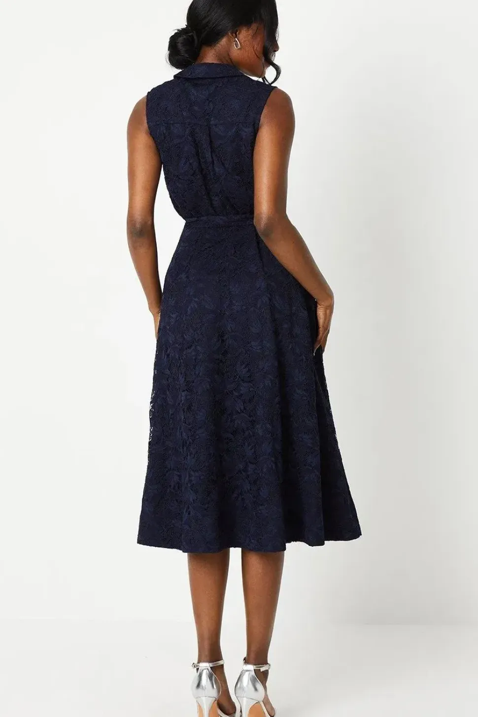 Sleeveless Lace Shirt Tie Waist Midi Dress