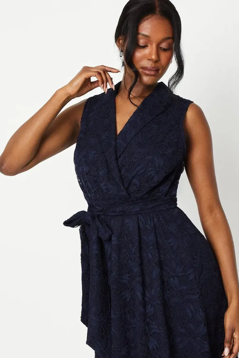 Sleeveless Lace Shirt Tie Waist Midi Dress