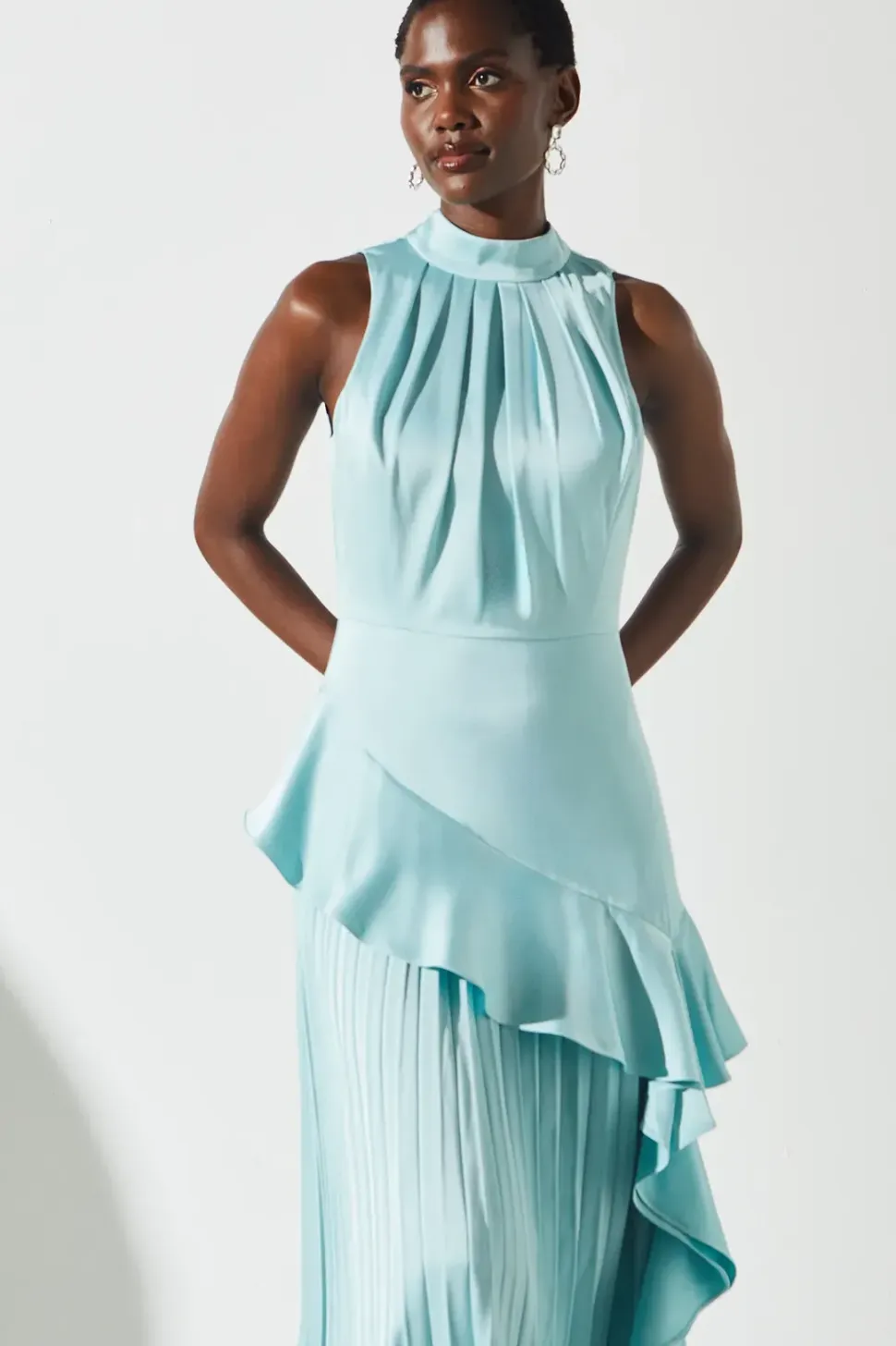 Sleeveless Ruffle Pleat Satin Back Crepe Dress