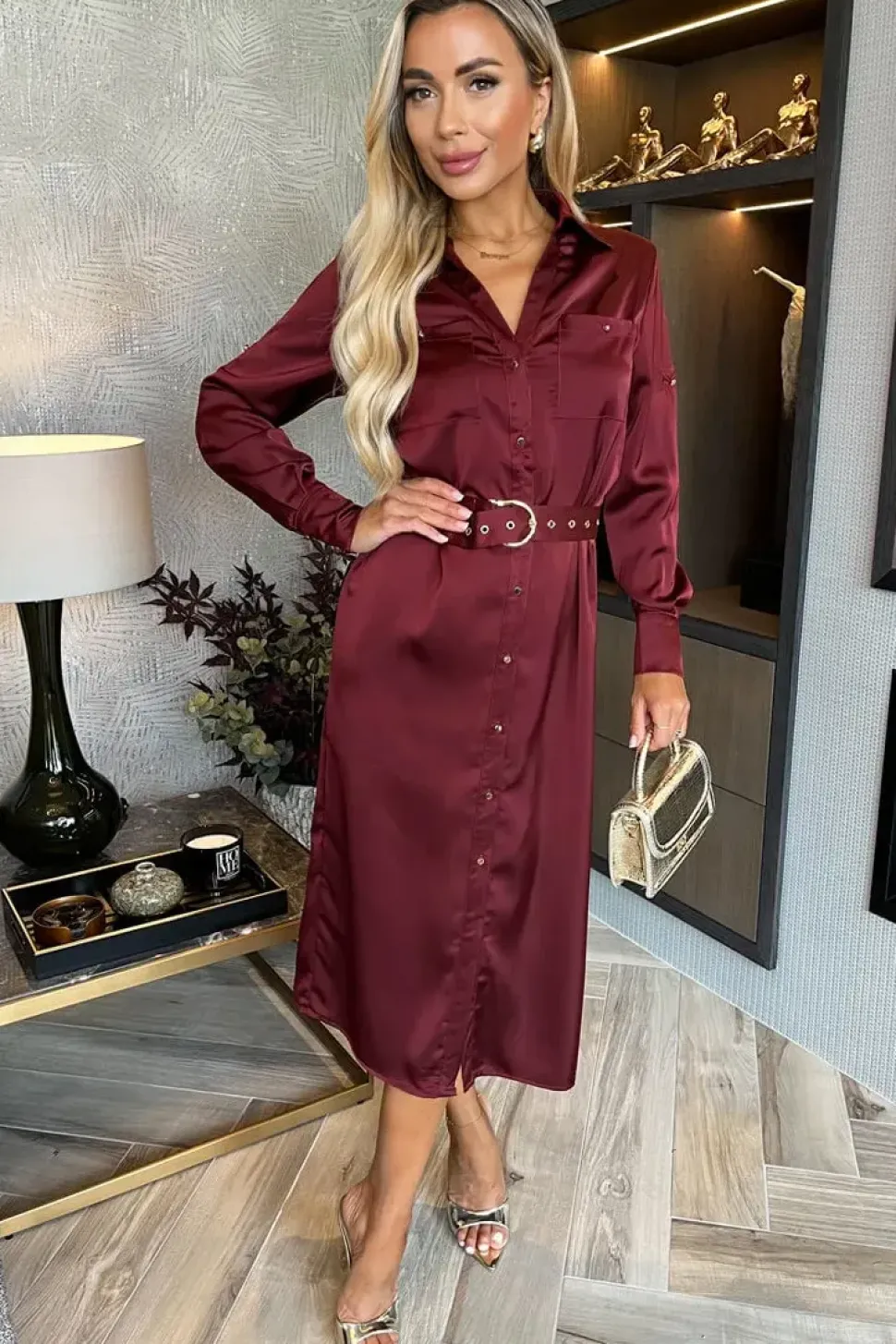 3/4 Sleeve Satin Belted Button Shirt Midi Dress