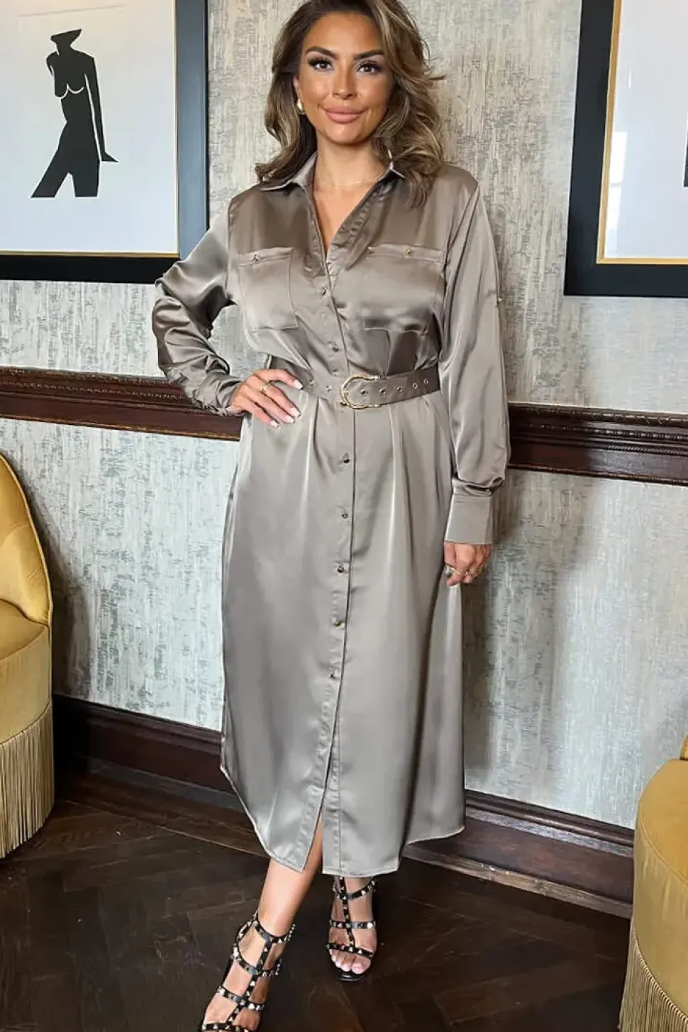 3/4 Sleeve Satin Belted Button Shirt Midi Dress