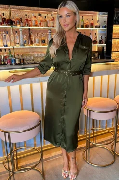 3/4 Sleeve Satin Belted Button Shirt Midi Dress