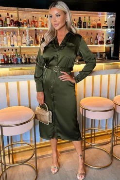 3/4 Sleeve Satin Belted Button Shirt Midi Dress