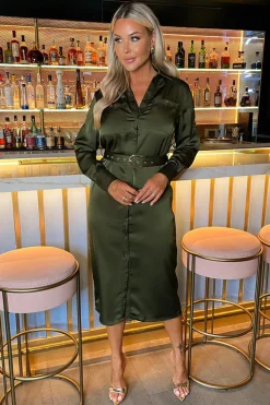 3/4 Sleeve Satin Belted Button Shirt Midi Dress
