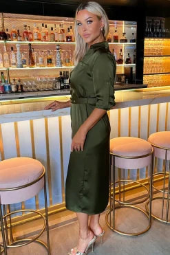 3/4 Sleeve Satin Belted Button Shirt Midi Dress