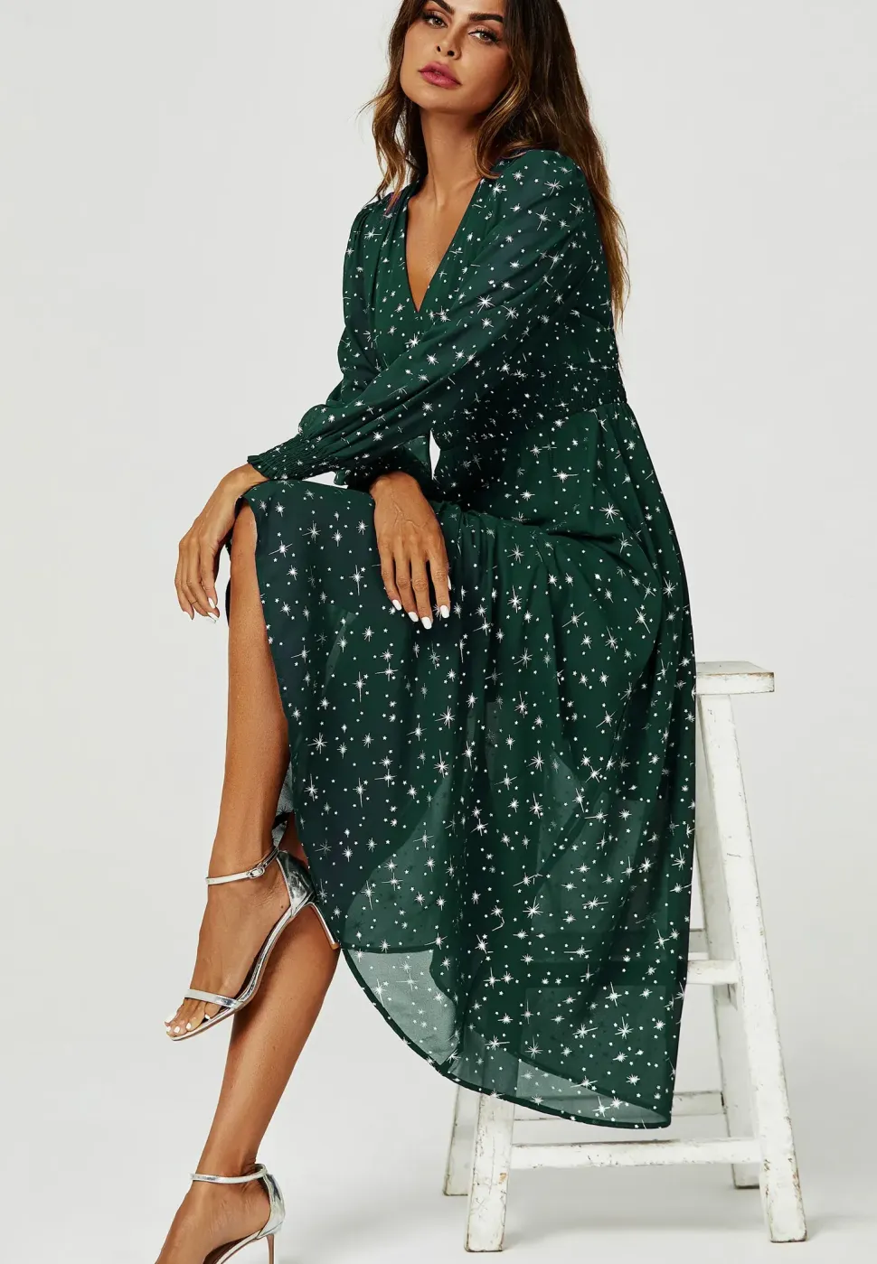 Sliver Star Foil V Neckline Long Sleeve Maxi Dress In Green