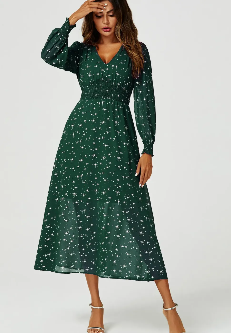 Sliver Star Foil V Neckline Long Sleeve Maxi Dress In Green