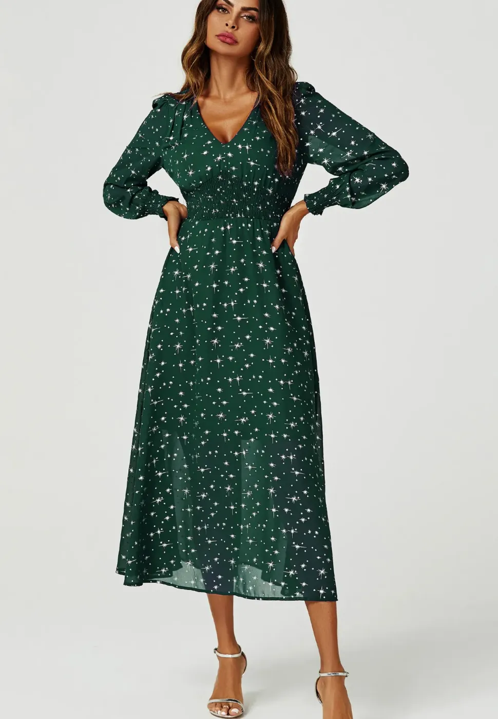 Sliver Star Foil V Neckline Long Sleeve Maxi Dress In Green
