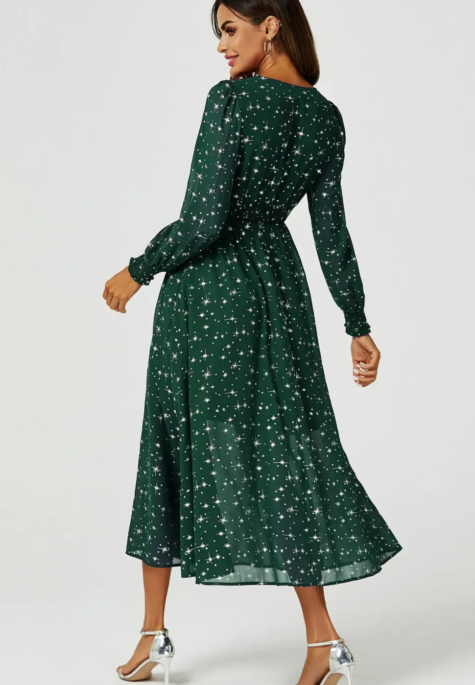 Sliver Star Foil V Neckline Long Sleeve Maxi Dress In Green