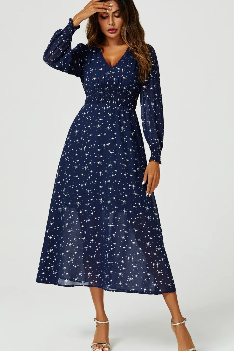 Sliver Star Foil V-Neckline Long Sleeve Maxi Dress In Navy