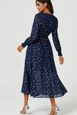 Sliver Star Foil V-Neckline Long Sleeve Maxi Dress In Navy