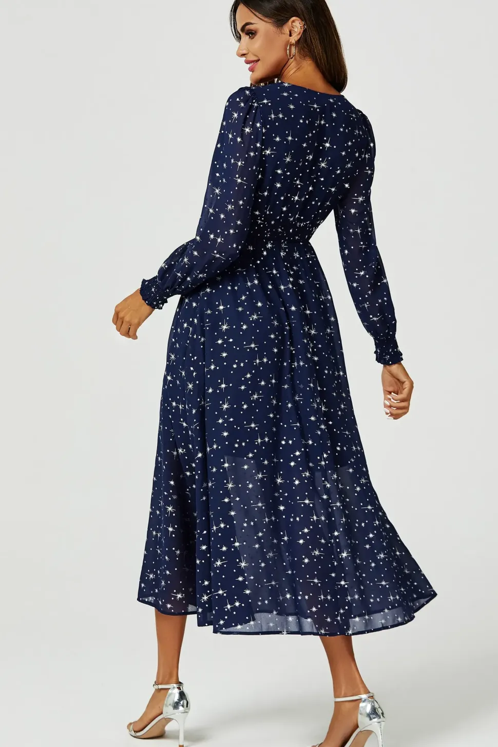 Sliver Star Foil V-Neckline Long Sleeve Maxi Dress In Navy