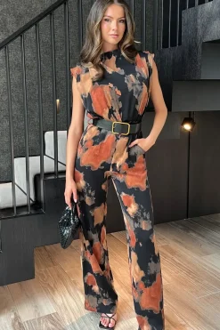 Smudge Print Belted Wide Leg Jumpsuit
