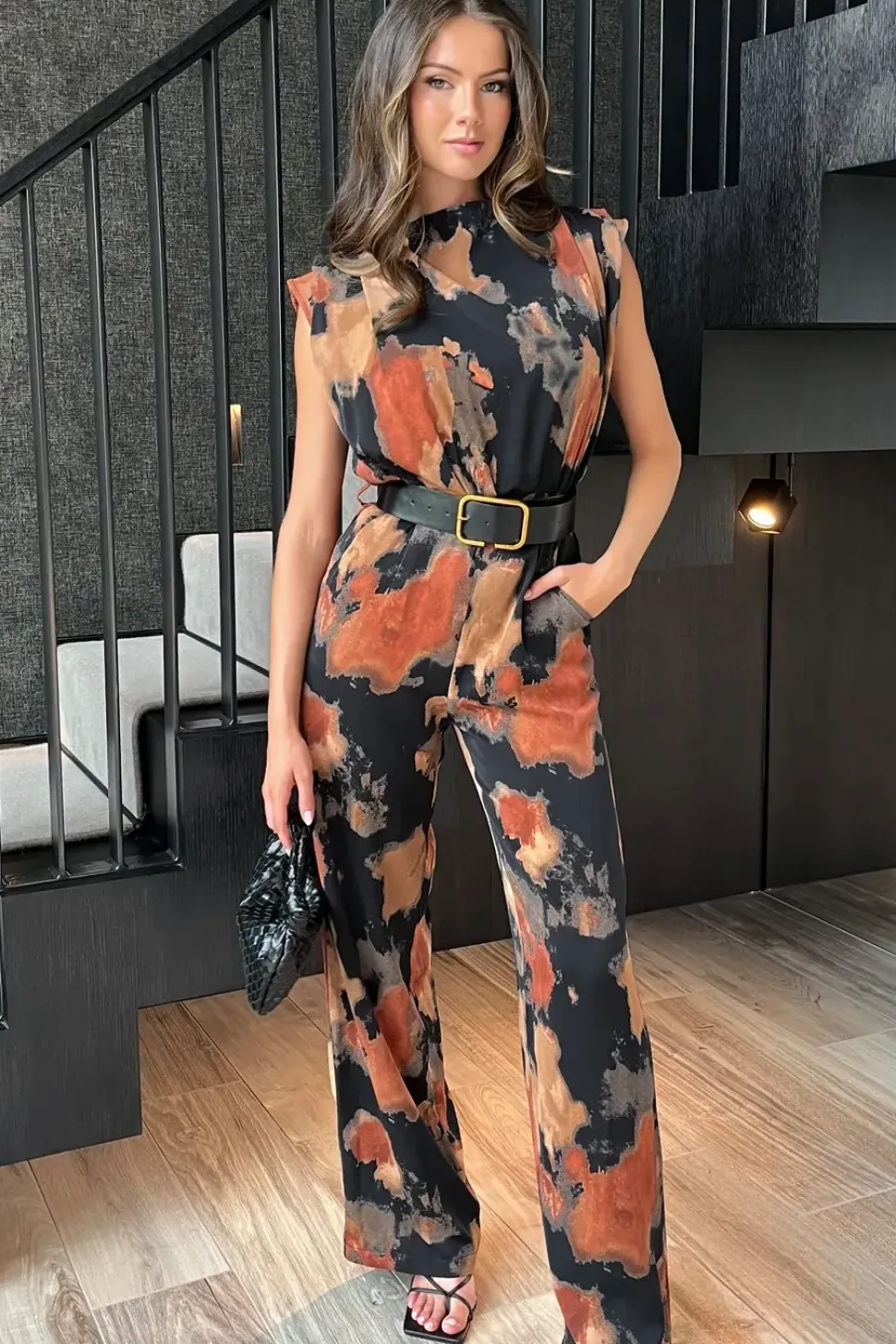 Smudge Print Belted Wide Leg Jumpsuit