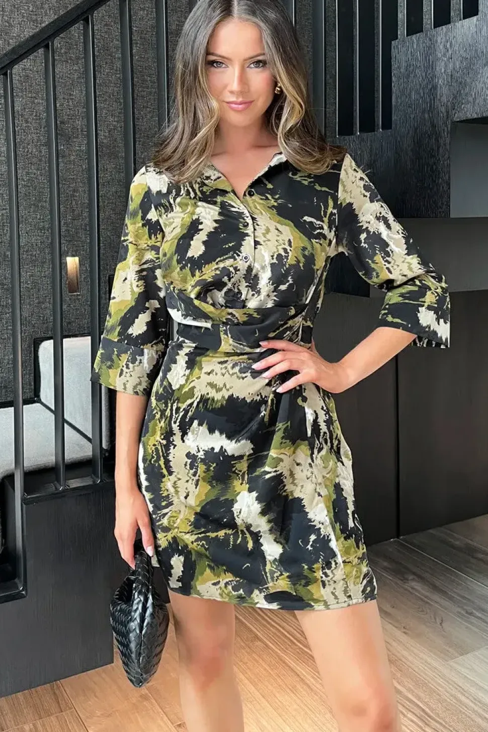 Smudge Print 3/4 Sleeve Gathered Waist Mini Shirt Dress