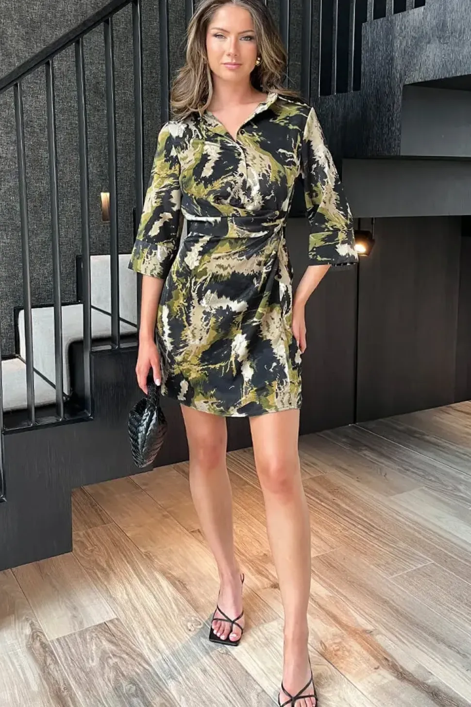 Smudge Print 3/4 Sleeve Gathered Waist Mini Shirt Dress