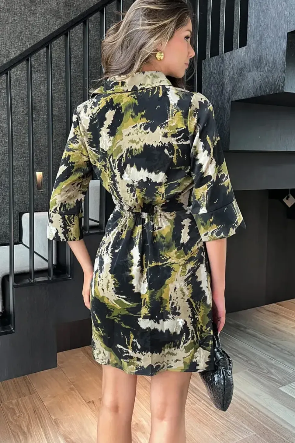 Smudge Print 3/4 Sleeve Gathered Waist Mini Shirt Dress