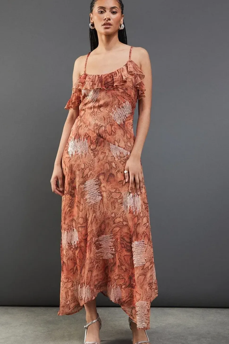Snake Embellished Sequin Chiffon Asymmetric Ruffle Strappy Midaxi Dress