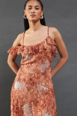 Snake Embellished Sequin Chiffon Asymmetric Ruffle Strappy Midaxi Dress