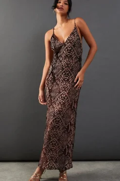 Snake Mesh V Neck Strappy Back Midi Slip Dress