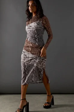 Snake Panelled Print Mesh Midi Dress