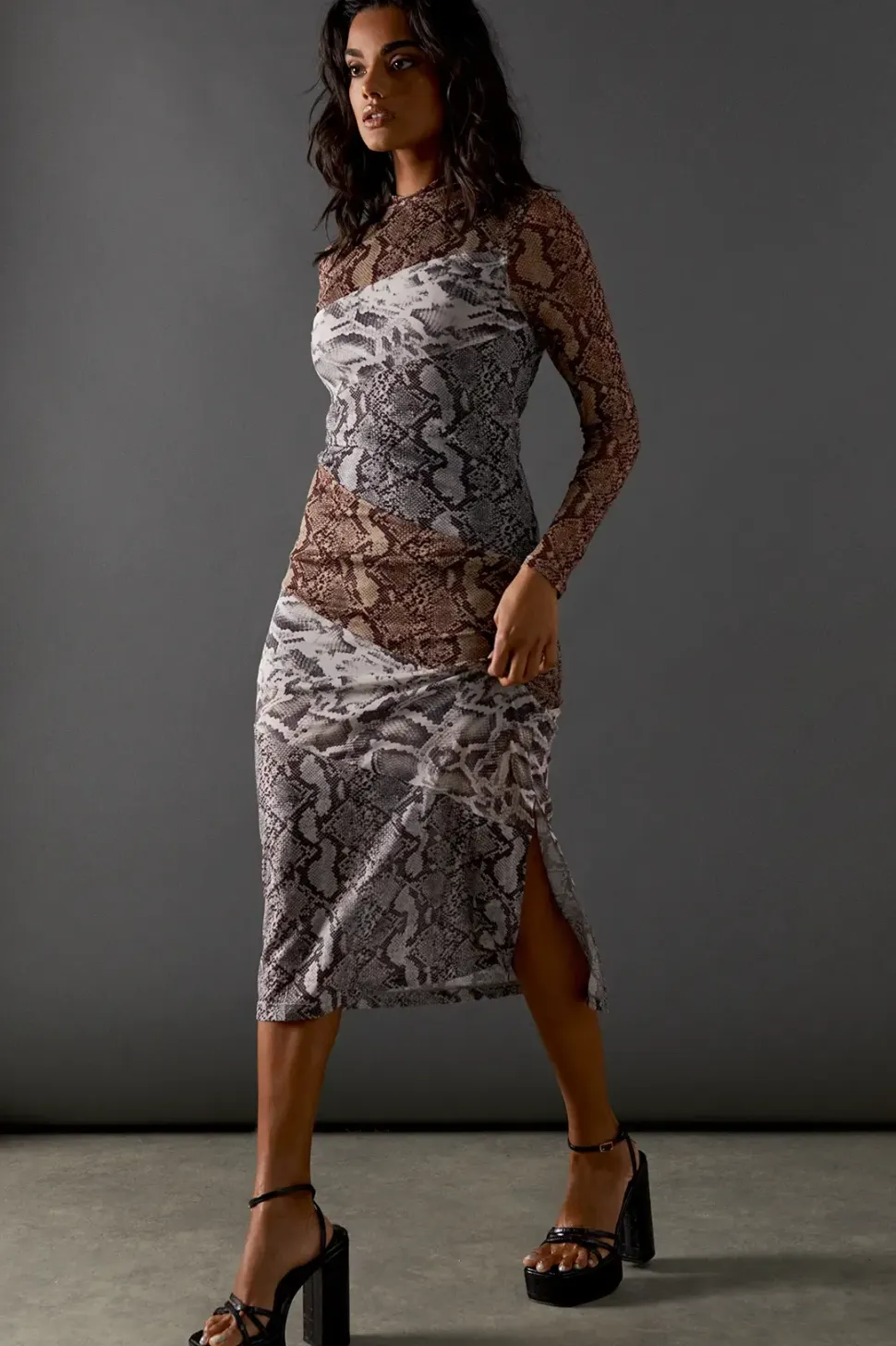 Snake Panelled Print Mesh Midi Dress