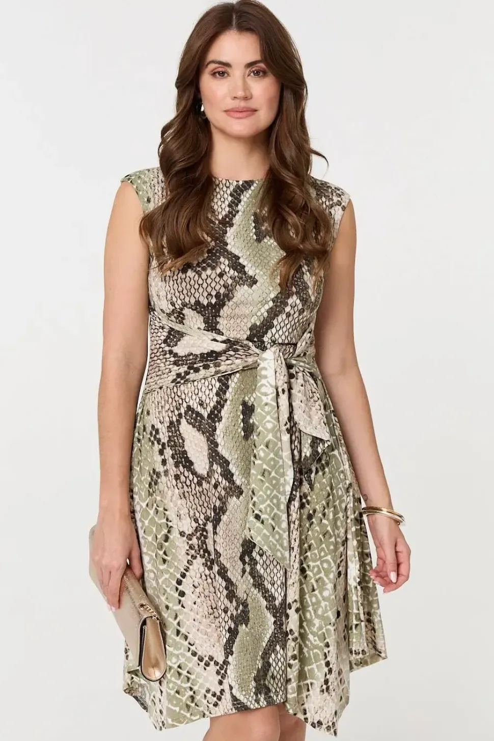 Snake Print Boat Neck Hanky Hem Short Dress