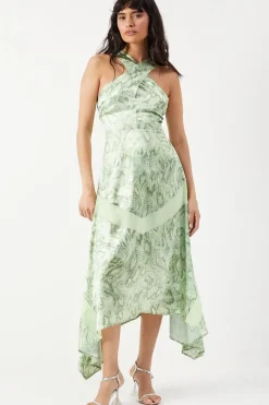 Snake Print Satin Cross Front Chiffon Insert Hanky Hem Midi Dress