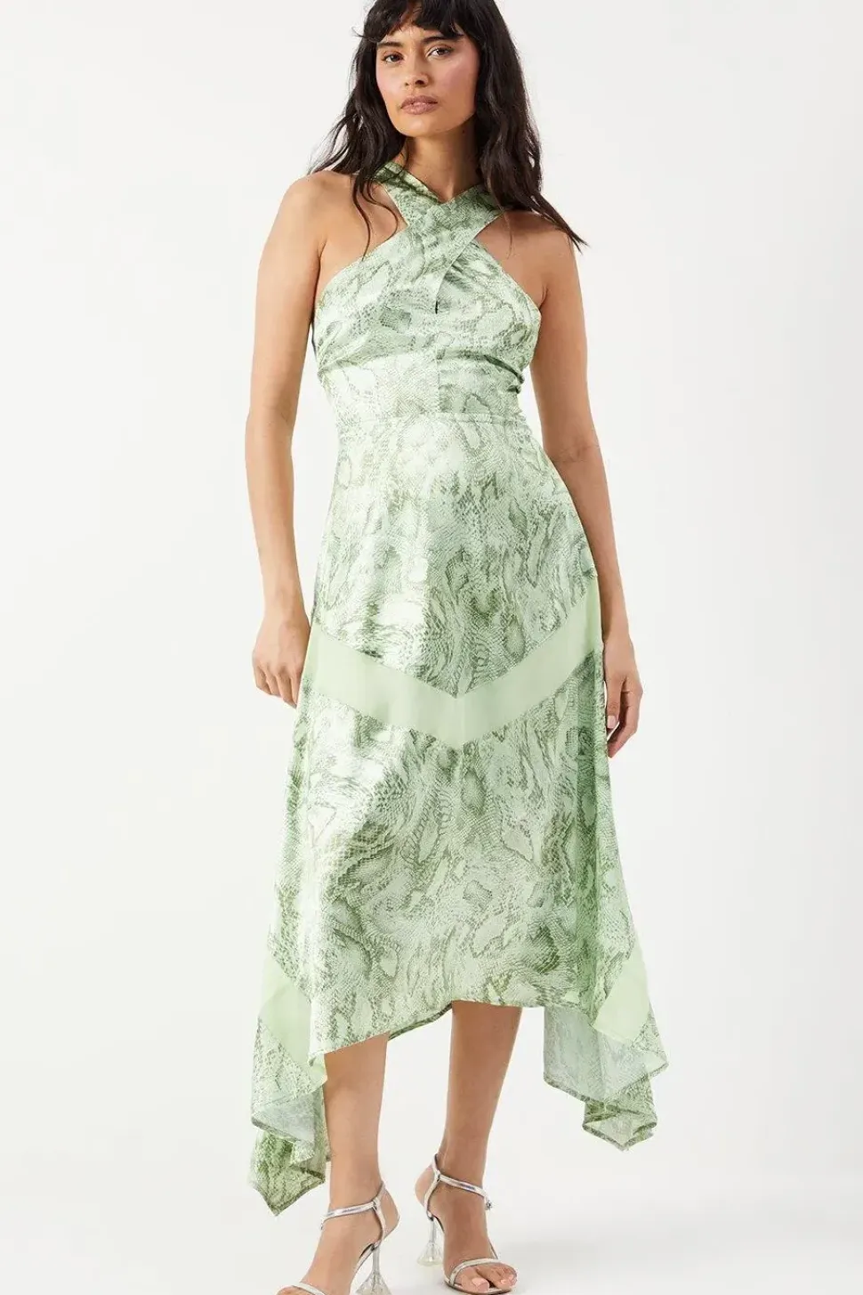 Snake Print Satin Cross Front Chiffon Insert Hanky Hem Midi Dress