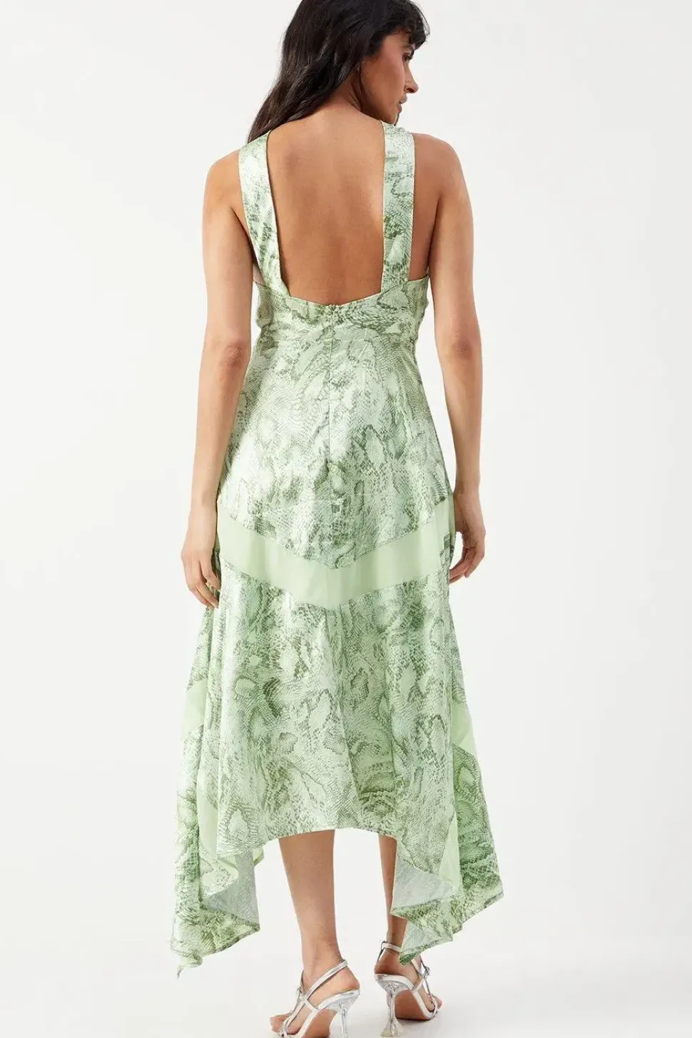 Snake Print Satin Cross Front Chiffon Insert Hanky Hem Midi Dress