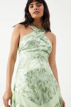 Snake Print Satin Cross Front Chiffon Insert Hanky Hem Midi Dress