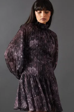 Snake Print Shadow Stripe High Neck Tie Back Mini Dress
