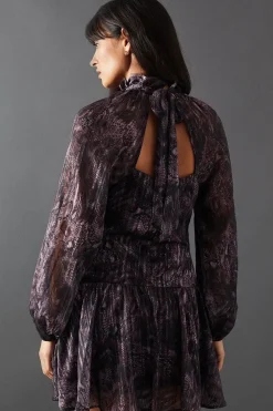 Snake Print Shadow Stripe High Neck Tie Back Mini Dress