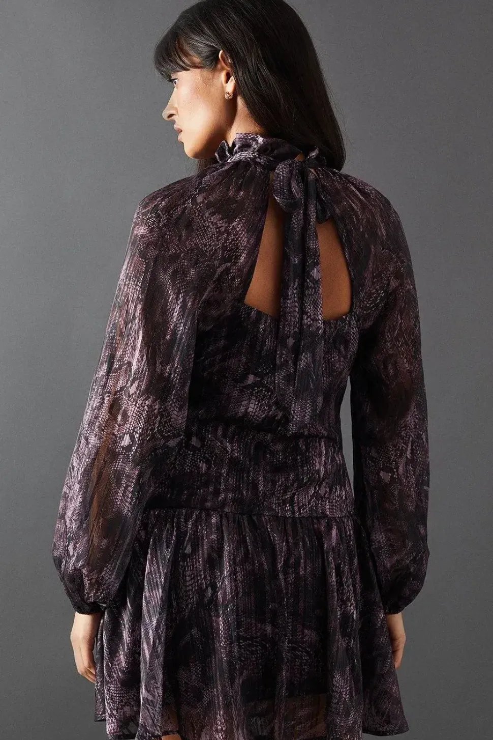 Snake Print Shadow Stripe High Neck Tie Back Mini Dress