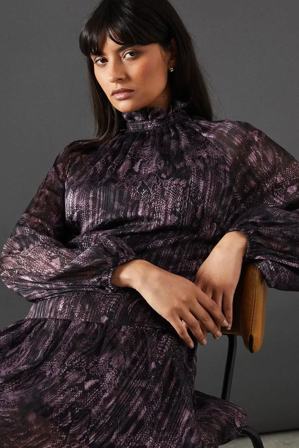 Snake Print Shadow Stripe High Neck Tie Back Mini Dress