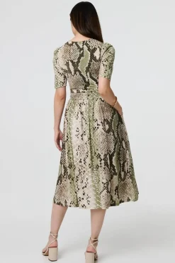 Snake Print 1/2 Sleeve Jersey Midi Dress