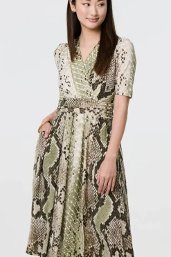 Snake Print 1/2 Sleeve Jersey Midi Dress