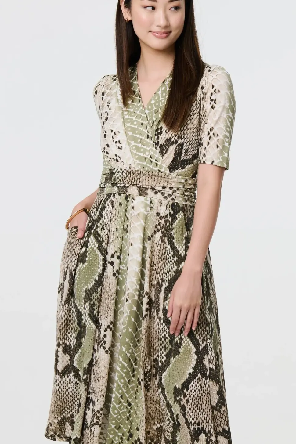 Snake Print 1/2 Sleeve Jersey Midi Dress